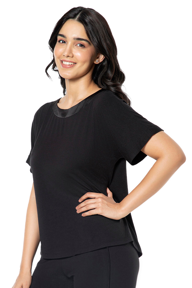 Satin Edge Half Sleeve Round Neck Sleep Top - Black