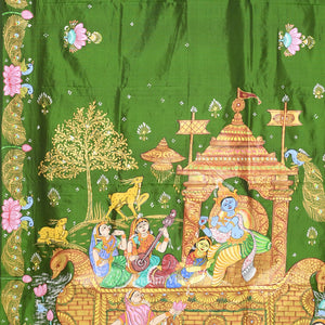 Green Boita Raasleela Hand-Painted Pattachitra Silk Saree