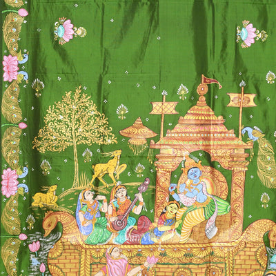Green Boita Raasleela Hand-Painted Pattachitra Silk Saree