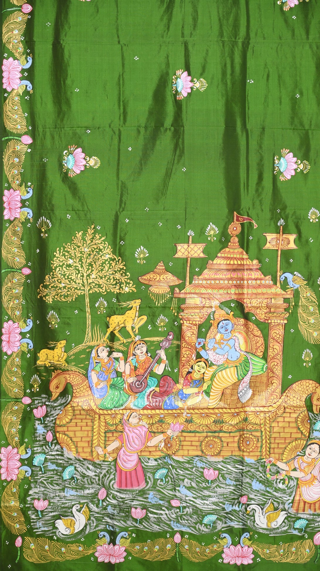 Green Boita Raasleela Hand-Painted Pattachitra Silk Saree