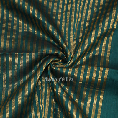 Teal Blue Stripped Pure Silk Cotton Maheshwari Saree