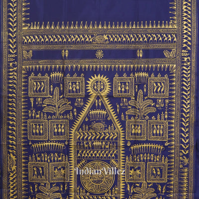Blue Tribal Theme Hand-Painted Pattachitra Saree