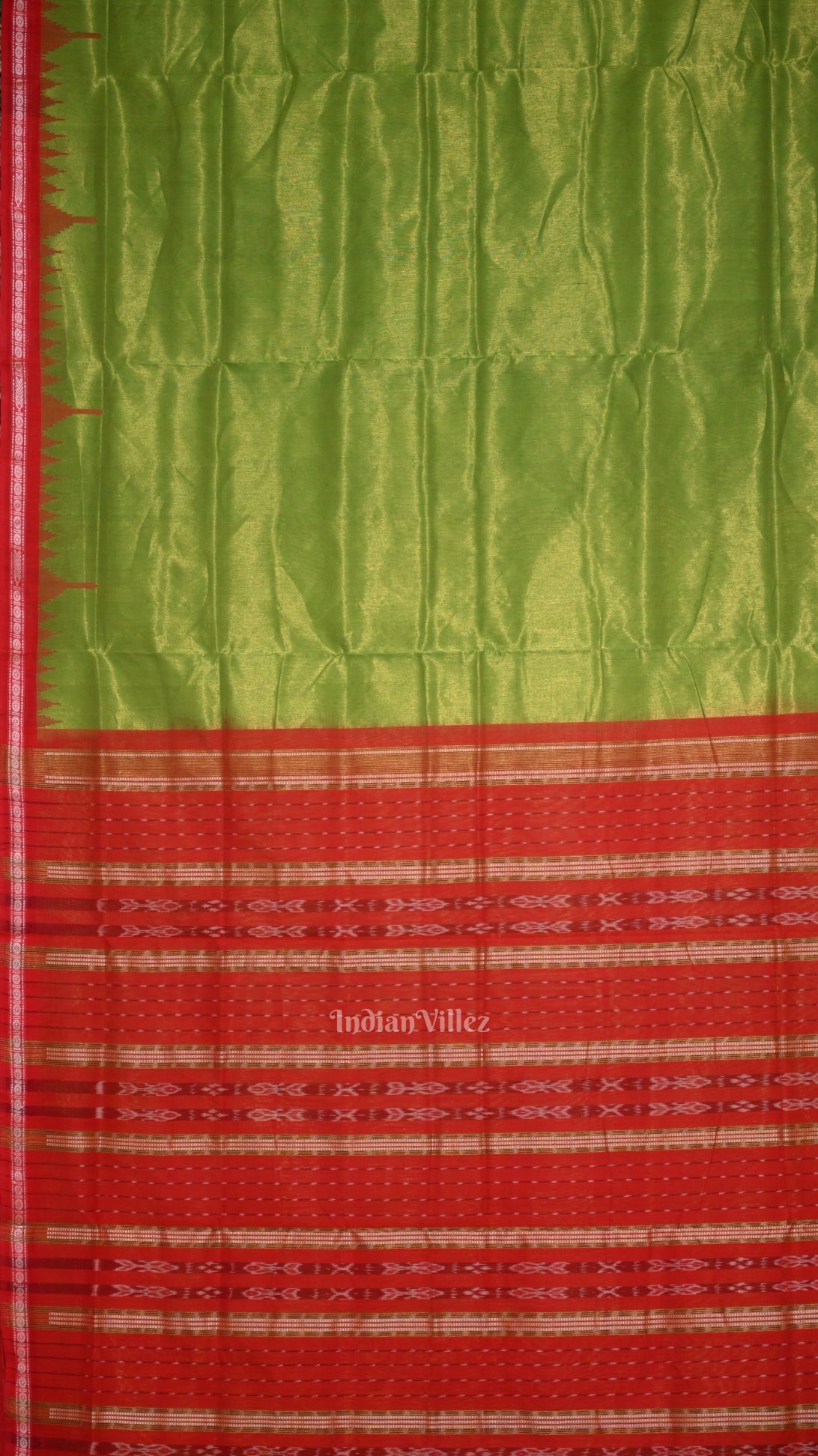 Parrot Green Red Phoda Kumbha Sambalpuri Cotton Tissue Saree