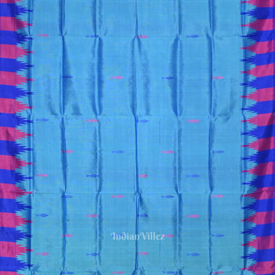 Sky Blue with Fish Motif Double Pallu Berhampuri Silk Saree