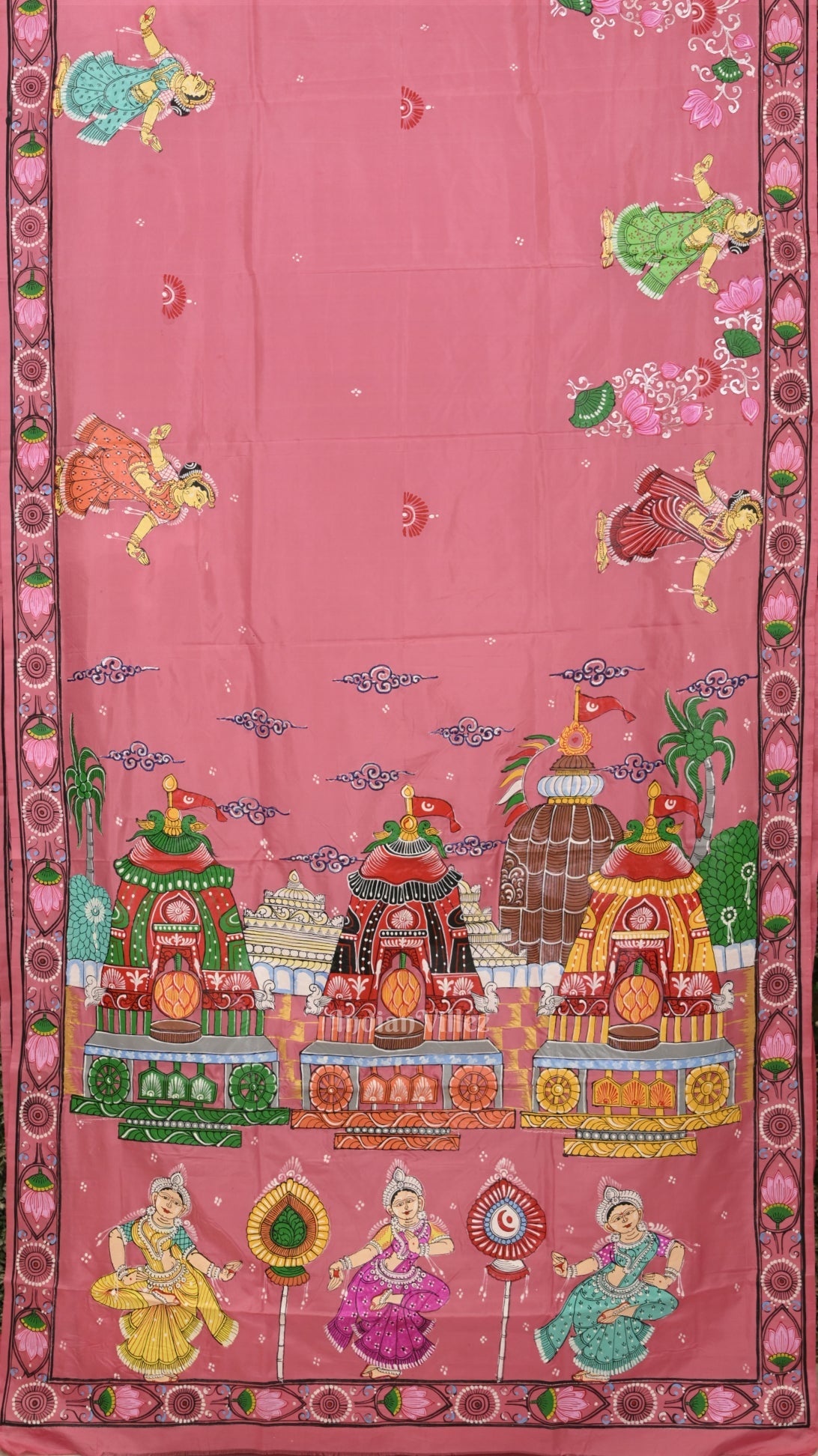 Peach Pink Shree Jagannath Ratha Yatra Hand-Painted Pattachitra Saree