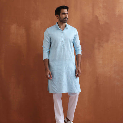 trueBrowns Men's Blue Sequin Chanderi Kurta