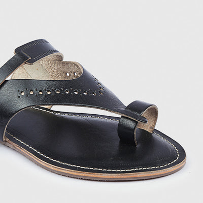 Black Handstitched Leather Kolhapuri Women Slipper