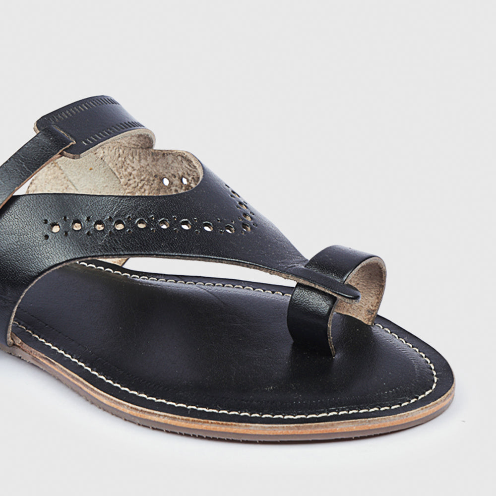 Black Handstitched Leather Kolhapuri Women Slipper
