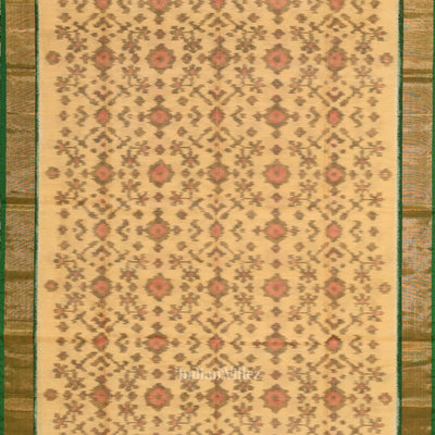 Chandan with Green Pochampally Ikat Sico (Silk & Cotton) Saree with Zari Border