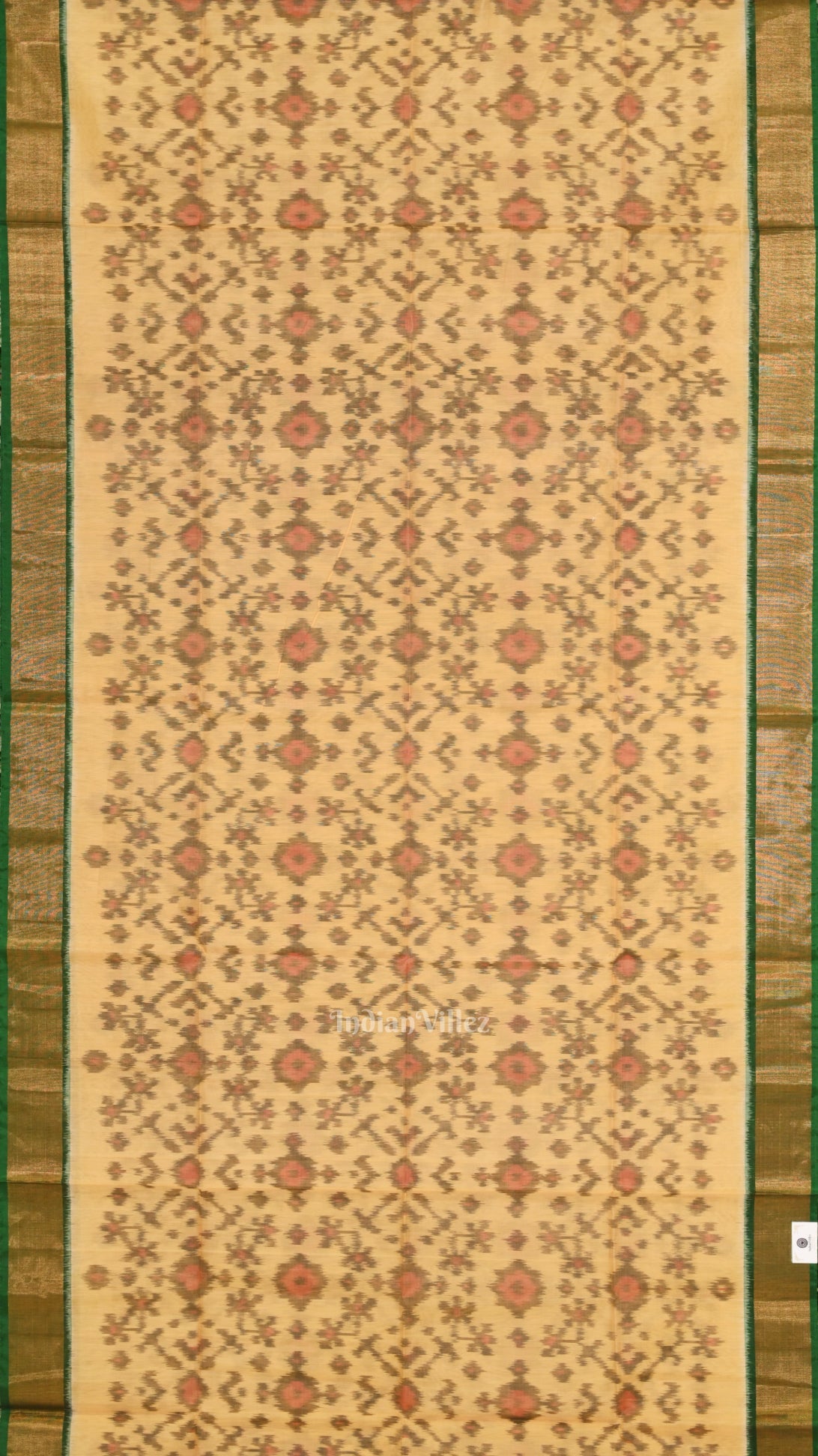 Chandan with Green Pochampally Ikat Sico (Silk & Cotton) Saree with Zari Border