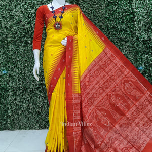 Yellow Red Flower Motif Odisha Ikat Bomkai Silk Saree