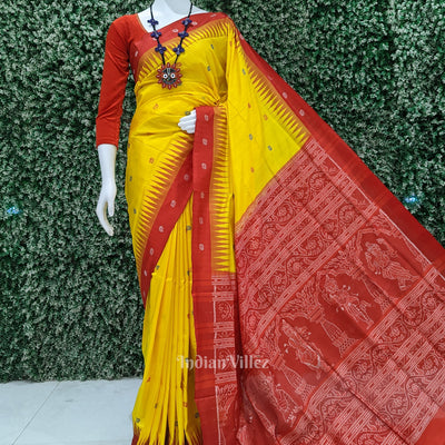 Yellow Red Flower Motif Odisha Ikat Bomkai Silk Saree