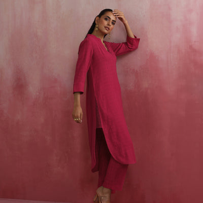 trueBrowns Magenta Cotton Dobby Kurta Set