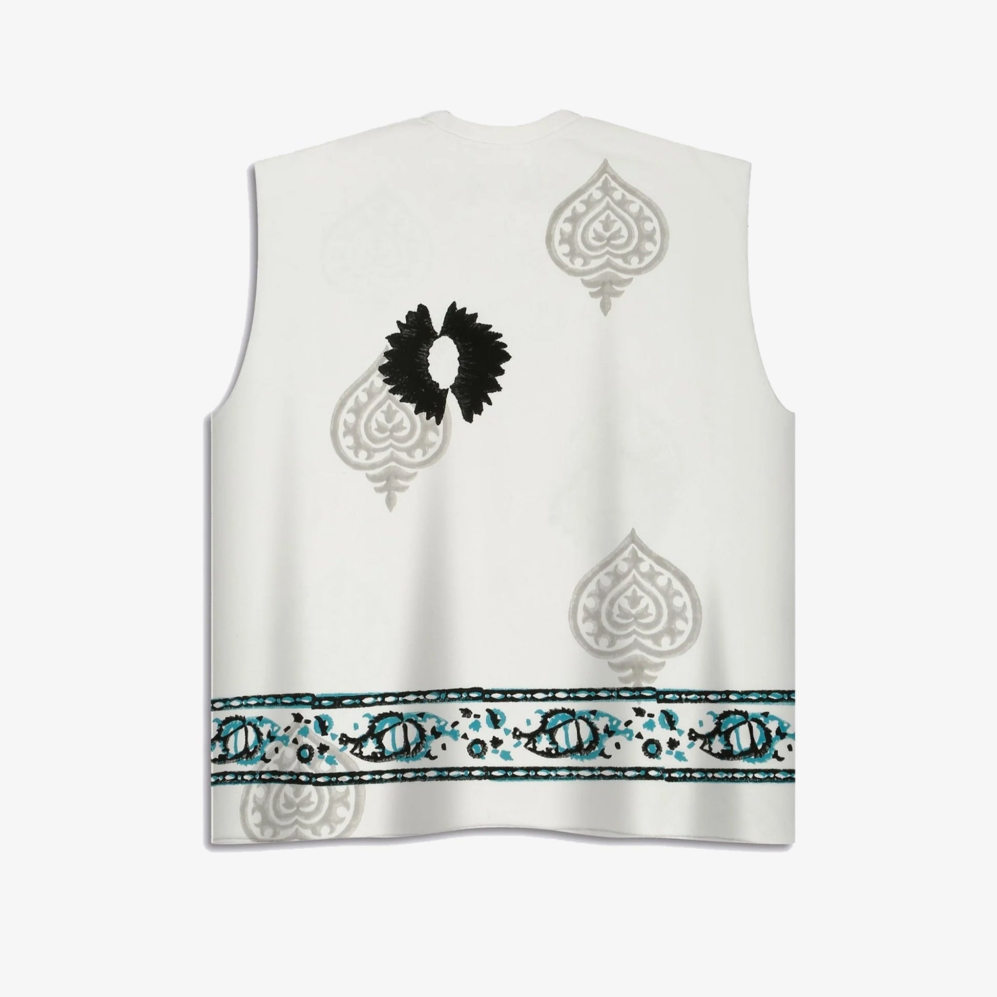 F A R A K | SLEEVELESS BLOCK-PRINTED T-SHIRT { WHITE