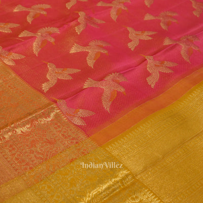 Pink With Mustard Yellow Bird Theme Pure Kanjivaram Silk Saree
