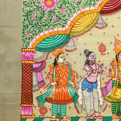 Cream Kerala Tissue Marriage Theme Hand-Painted Pattachitra Saree