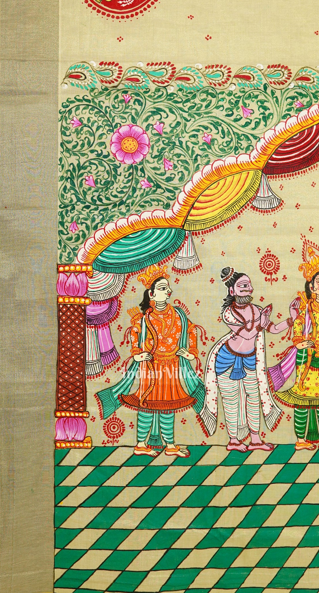 Cream Kerala Tissue Marriage Theme Hand-Painted Pattachitra Saree