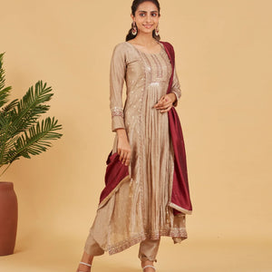 Taupe Kurta Set With Contrast Wine Dupatta