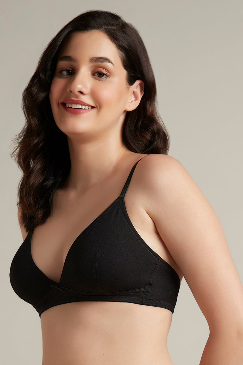 Trendy Plunge Padded Non-Wired Cotton Bra - Black