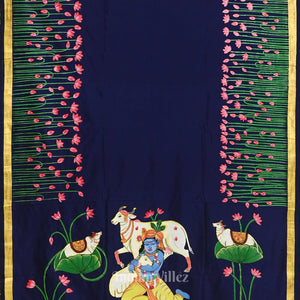 Navy Blue Hand-Painted Pichwai Pattachitra Saree