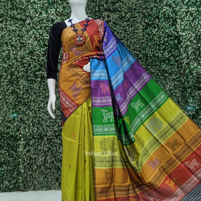 Mehendi Green Phoda Kumbha with Animal Motif  Double Pallu Berhampuri Silk Saree