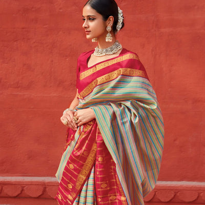 Multi Colour Handloom Kanchipuram Korvai Silk Saree With Stripes-Multi colour