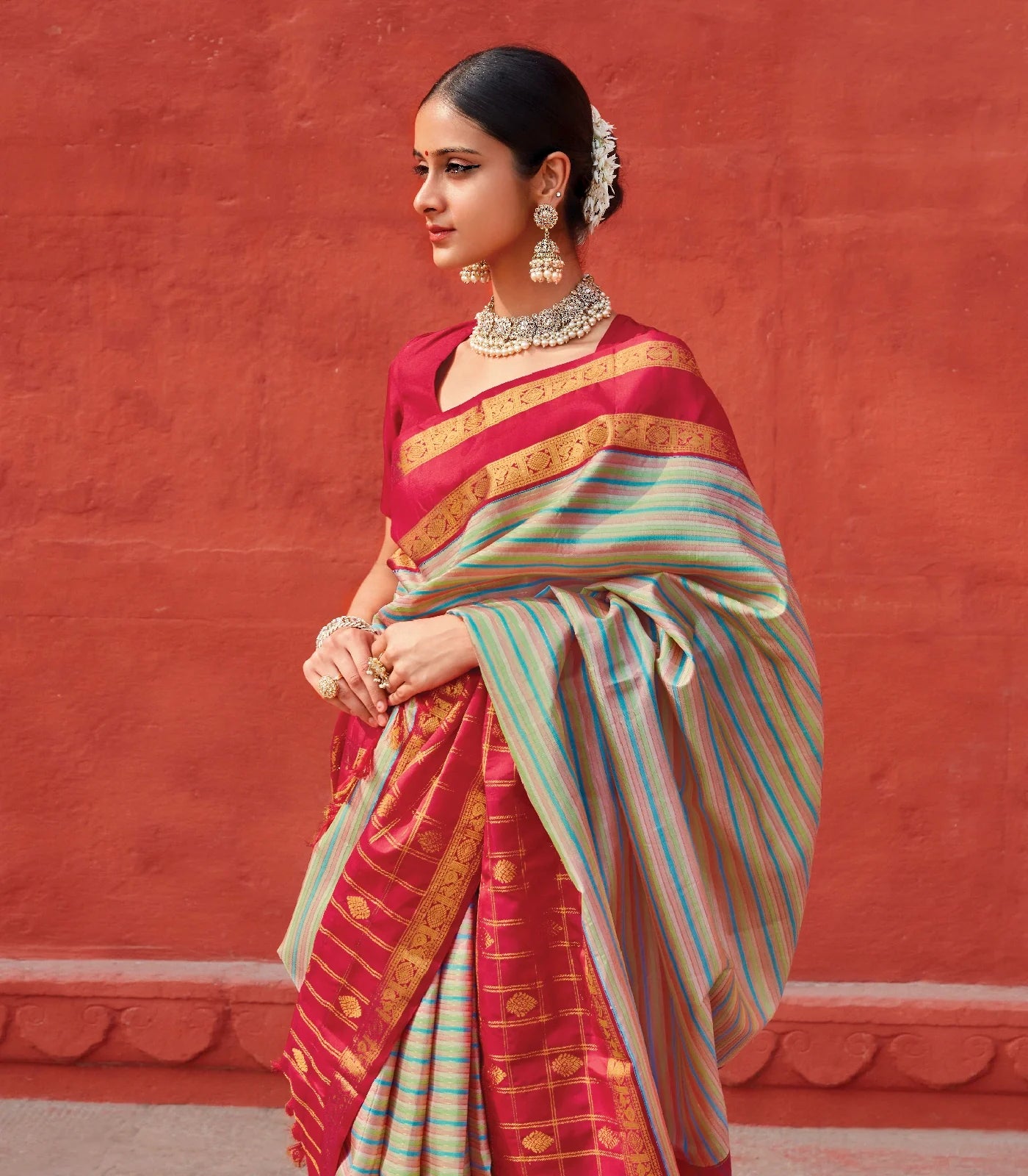 Multi Colour Handloom Kanchipuram Korvai Silk Saree With Stripes-Multi colour
