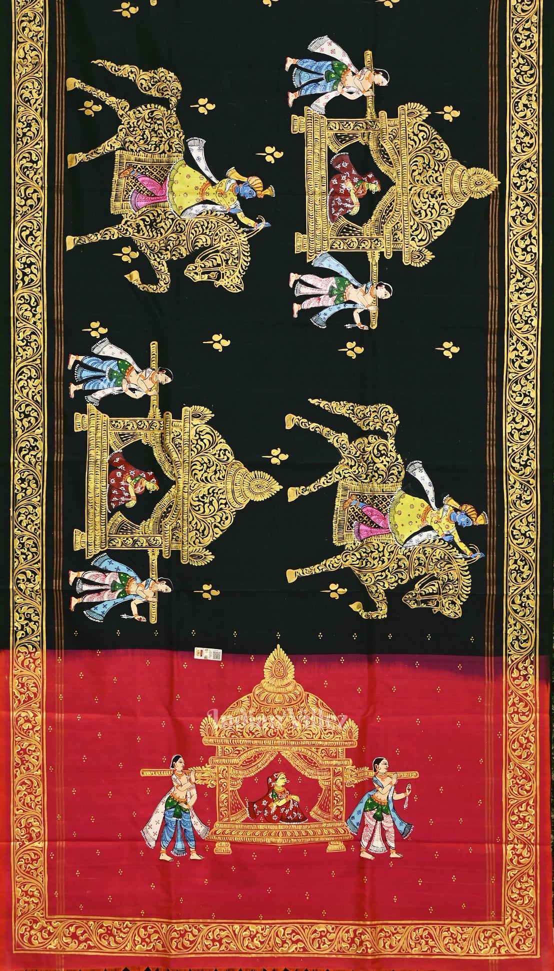 Bright Green with Red Doli Barat Theme Hand-Painted Pattachitra Saree