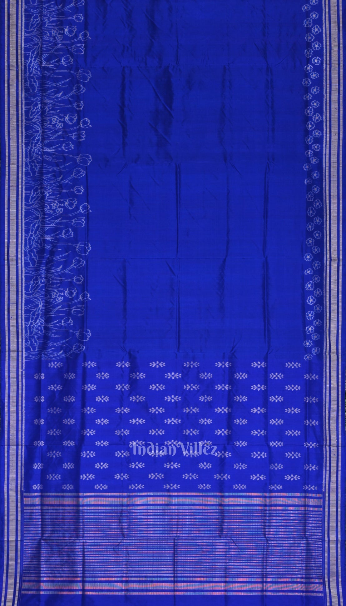 Royal Blue Silver Rose Theme Sambalpuri Silk Saree