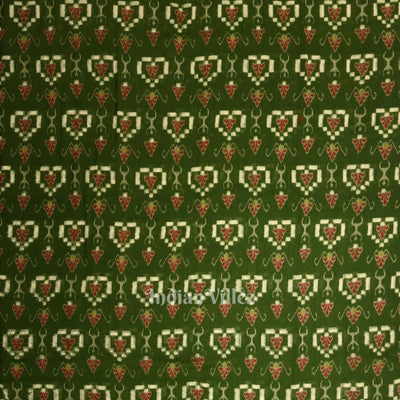 Green Tribal Hearts Pasapali Sambalpuri Ikat Cotton Fabric