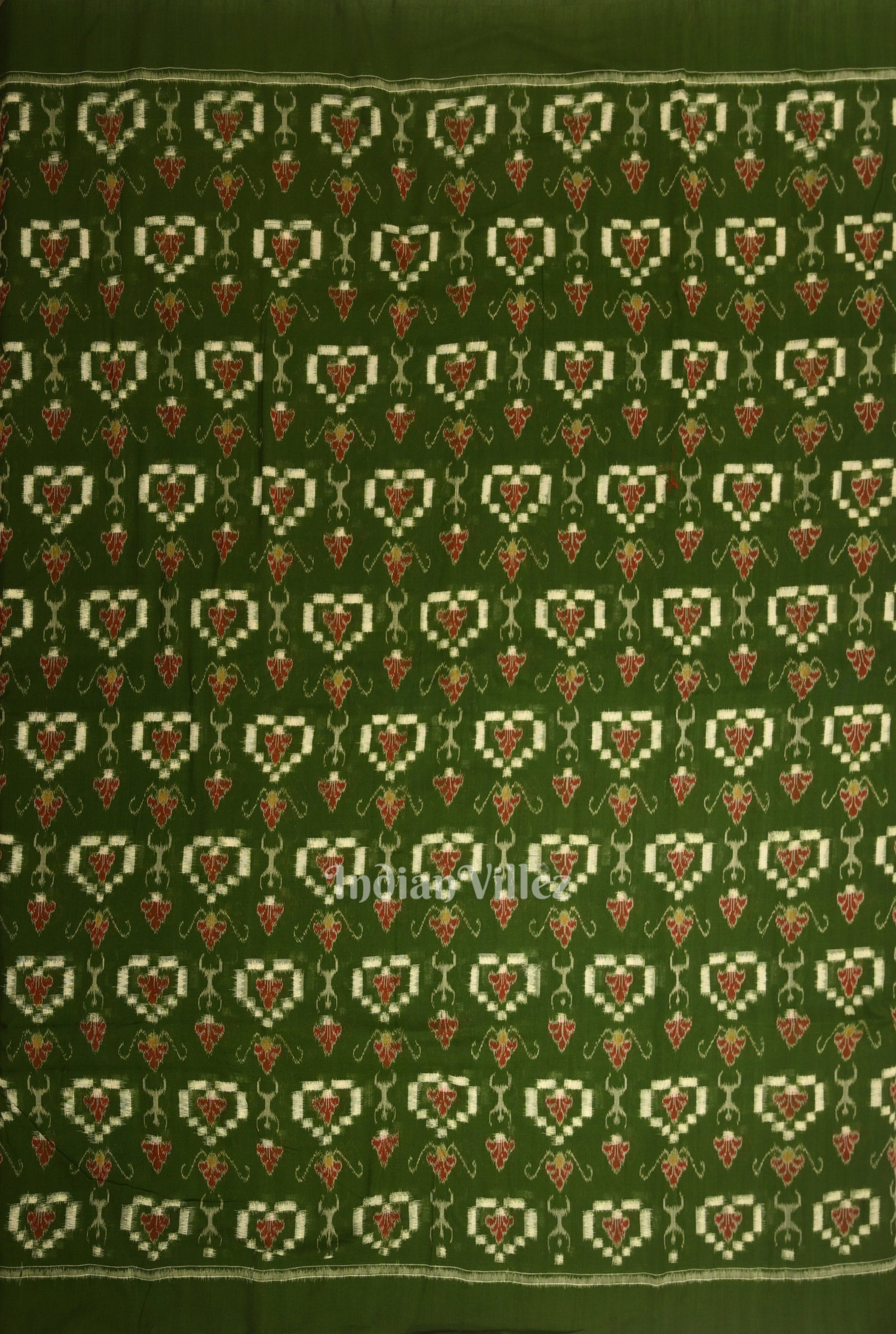 Green Tribal Hearts Pasapali Sambalpuri Ikat Cotton Fabric