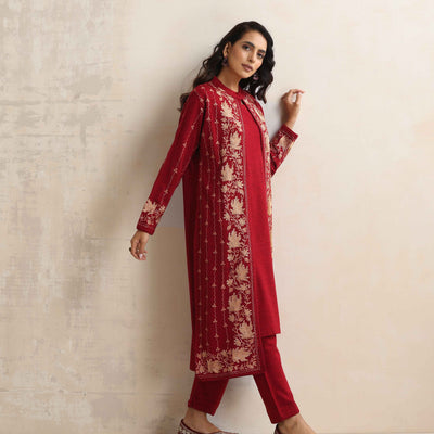 trueBrowns Red Kashmiri Woollen Jacket 3pc Set