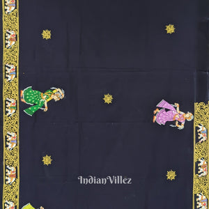 Deep Blue Kandarpa Hati (Elephant) Hand-Painted Pattachitra Saree
