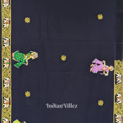 Deep Blue Kandarpa Hati (Elephant) Hand-Painted Pattachitra Saree