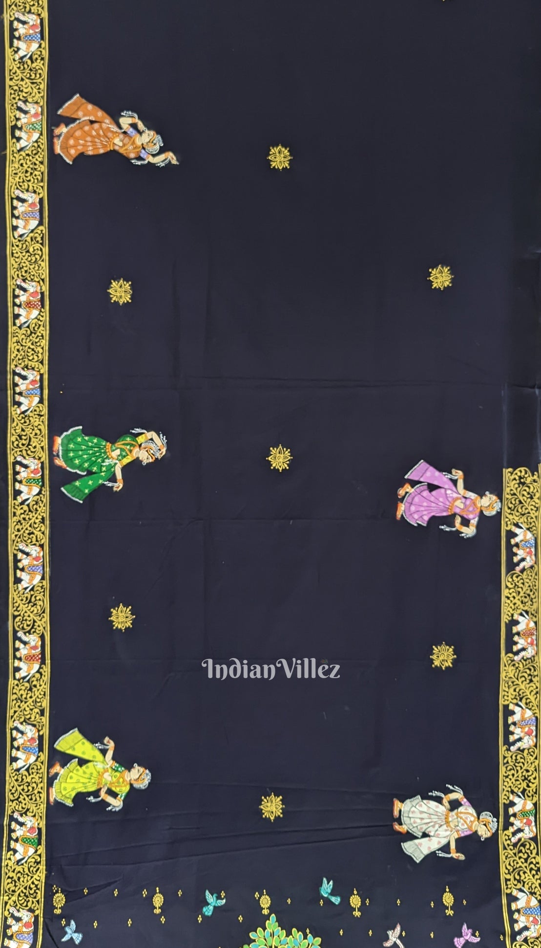 Deep Blue Kandarpa Hati (Elephant) Hand-Painted Pattachitra Saree