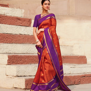 Orange Handloom Kanchipuram Korvai Silk Saree With Annam Buttas