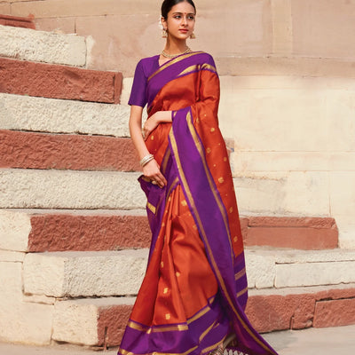 Orange Handloom Kanchipuram Korvai Silk Saree With Annam Buttas