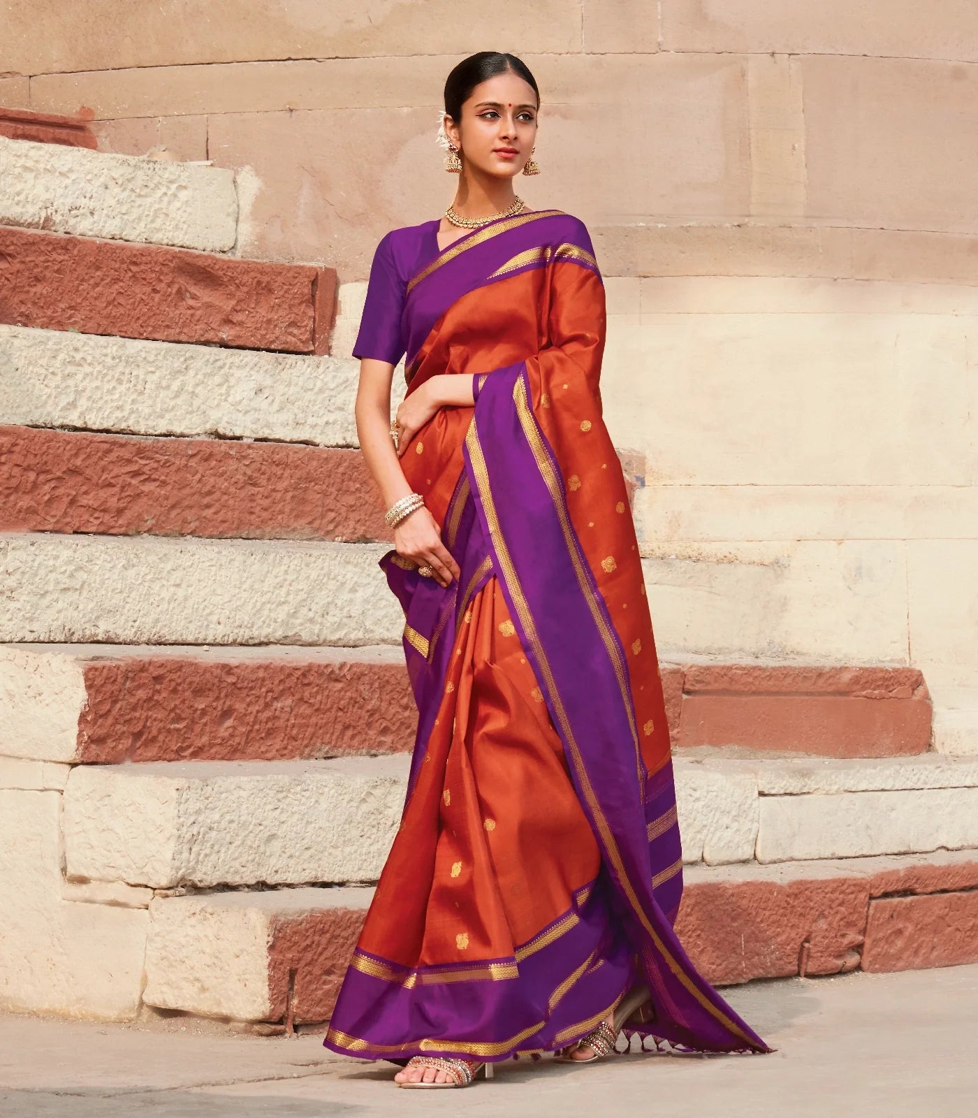 Orange Handloom Kanchipuram Korvai Silk Saree With Annam Buttas