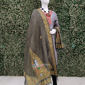 Blue Dual Tone Krishna Tussar Pattachitra Dupatta
