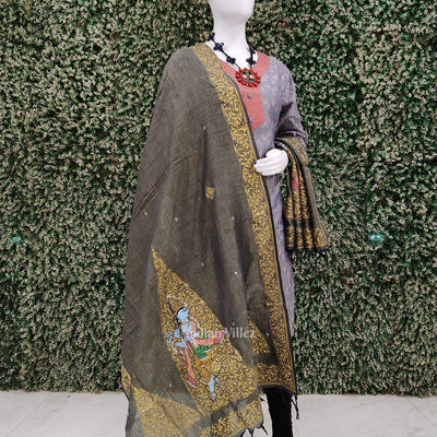 Blue Dual Tone Krishna Tussar Pattachitra Dupatta