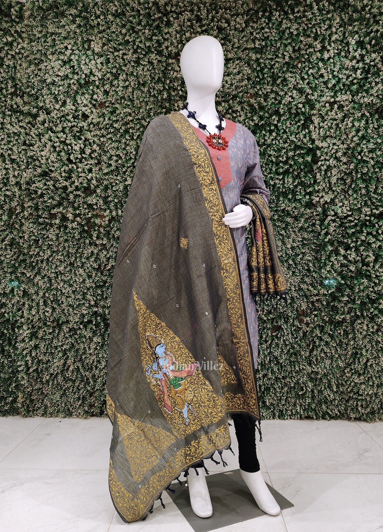Blue Dual Tone Krishna Tussar Pattachitra Dupatta
