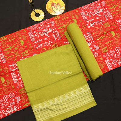 Red Parrot green Tribal Design Sambalpuri Cotton Dress set with Dupatta