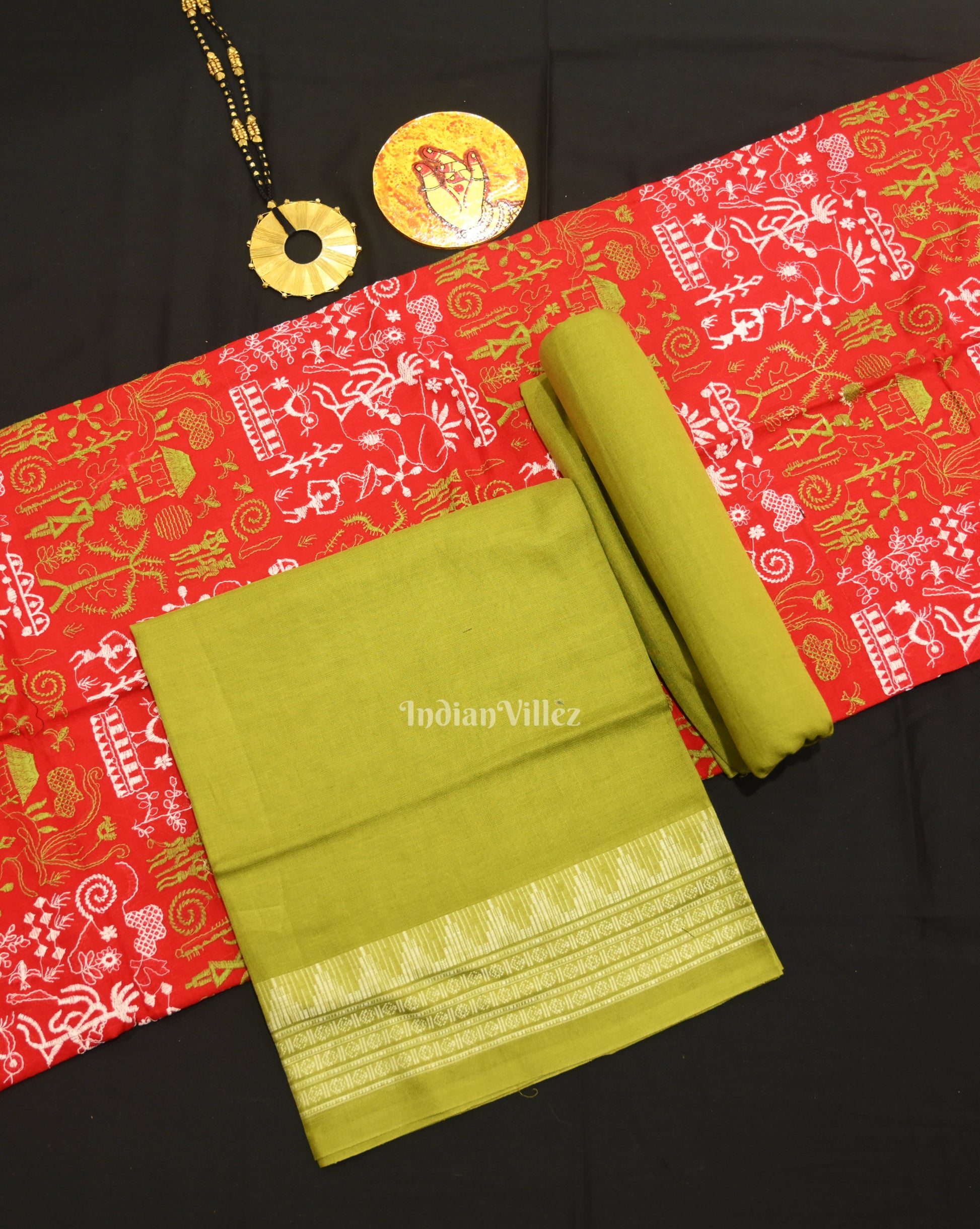 Red Parrot green Tribal Design Sambalpuri Cotton Dress set with Dupatta