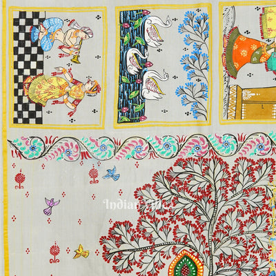 Silver Radha Krishna Villege Theme Hand-painted Pattachitra Saree