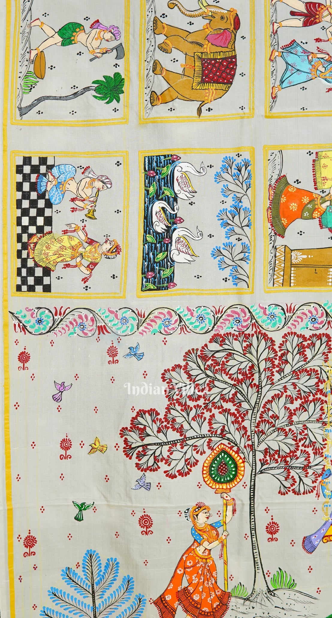 Silver Radha Krishna Villege Theme Hand-painted Pattachitra Saree