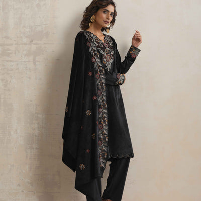 trueBrowns Black Velvet Floral Embroidered Kurta Pant Dupatta Set