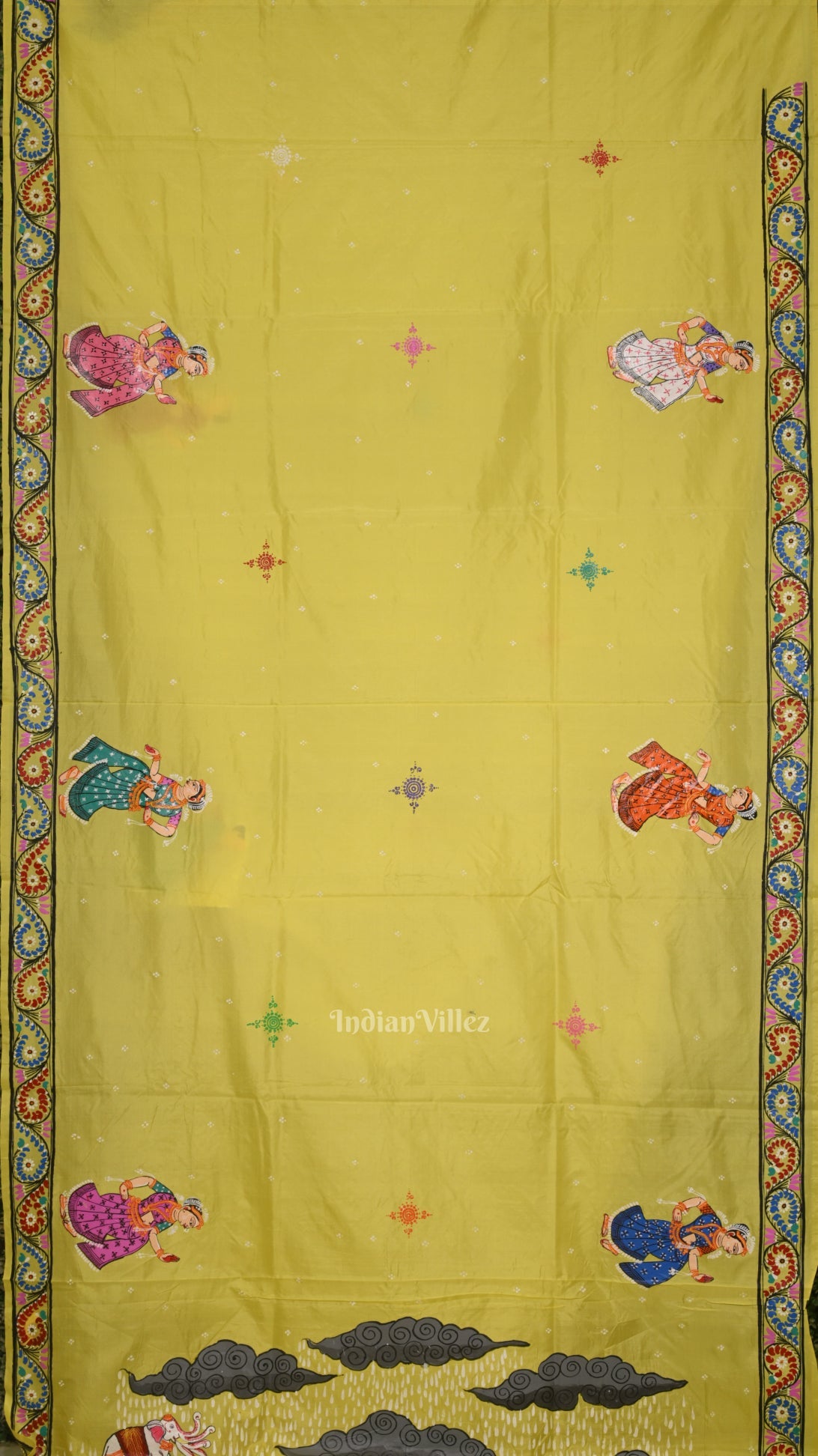 Yellow Giri Govardhan Hand-Painted Pattachitra Saree