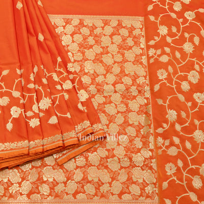 Exclusive Orange Gold Soft Pure Mashru Satin Silk Banarasi Saree