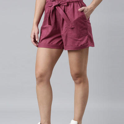 Women Solid Plum High Rise Linen Shorts