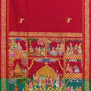 Red with Sea Green Ramayana Theme Hand-Painted Pattachitra Saree